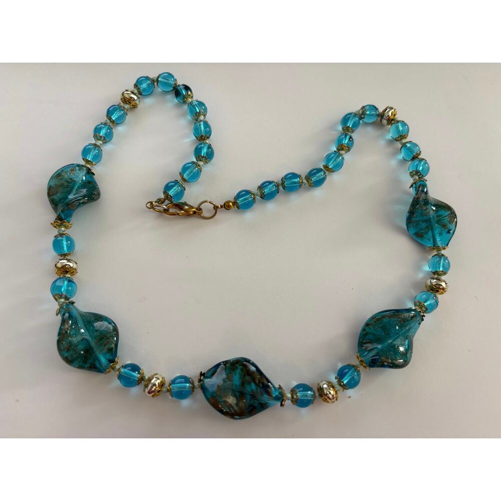 Vintage Sommerso Glass Beads Necklace Murano Style Blue